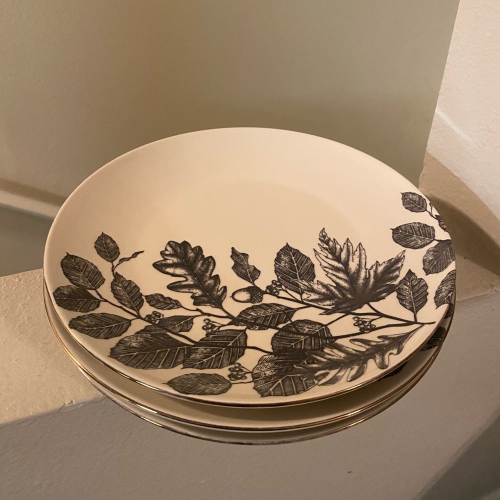 Thyme & Table. Black/Cream Leaf Pattern Dinner Plates. Set of 3.NWOT.Gold Rim